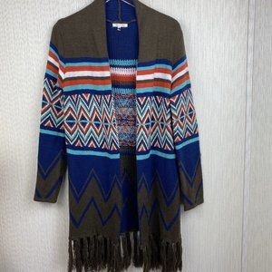 May & July Aztec Tribal Fringed Open Cardigan Sweater Red Turquoise Brown Size M